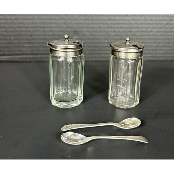 Source Unknown Other - Set of Glass Condiment bottles w/ lids and spoons marked with EPNS Made in Engl.